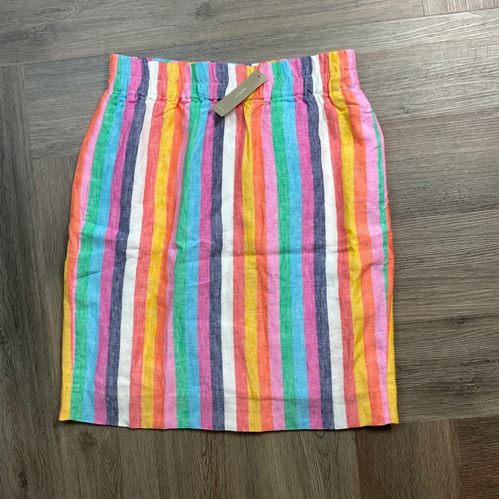 NWT J.Crew Linen Stripe Lined Pocket Skirt Small Multicolor Preppy Boho Classic - Picture 1 of 8